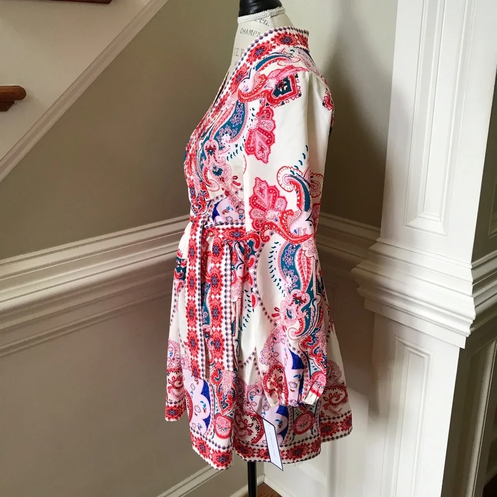 NWT Goodnight Macaroon Lola Dress Womens Small Red Blue Long Sleeve V-Neck Belt - Picture 8 of 12